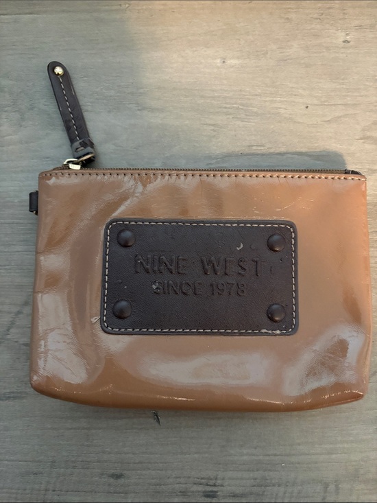Nine West Handbags - Nine West Patent Zip Pouch in Caramel and Dark Brown